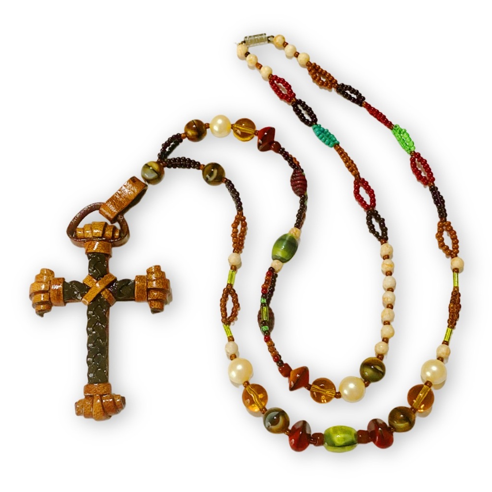 Artisan Leather Braided Cross Pendant Earth Tone Stone Bohemian Beaded Necklace